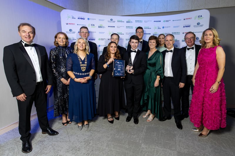 Irish Exporters Association chief executive Simon McKeever and president Gabrielle White; the team of Portwest, winner of private Irish business of the year category, sponsored by An Post Commerce; and Richard Miley, head of communication, mails and parcels at An Post. Photograph: Karl Hussey Photography