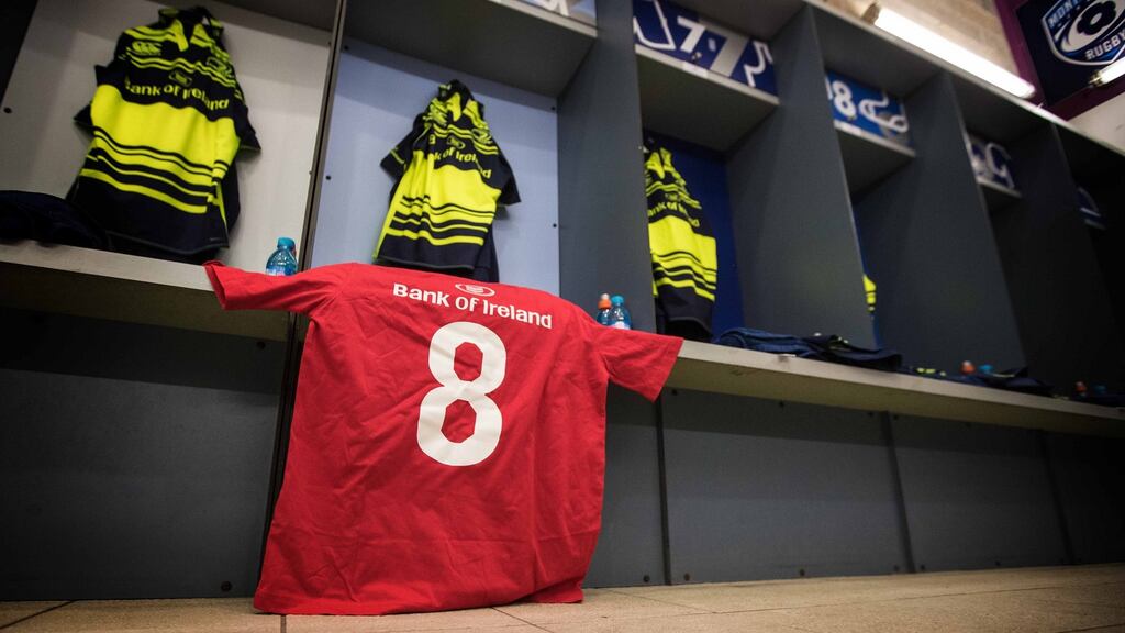 The Leinster changing room before the match against Montpellier yesterday with the Munster number eight jersey in tribute to the late Munster head coach Anthony Foley. Photograph: Billy Stickland/Inpho