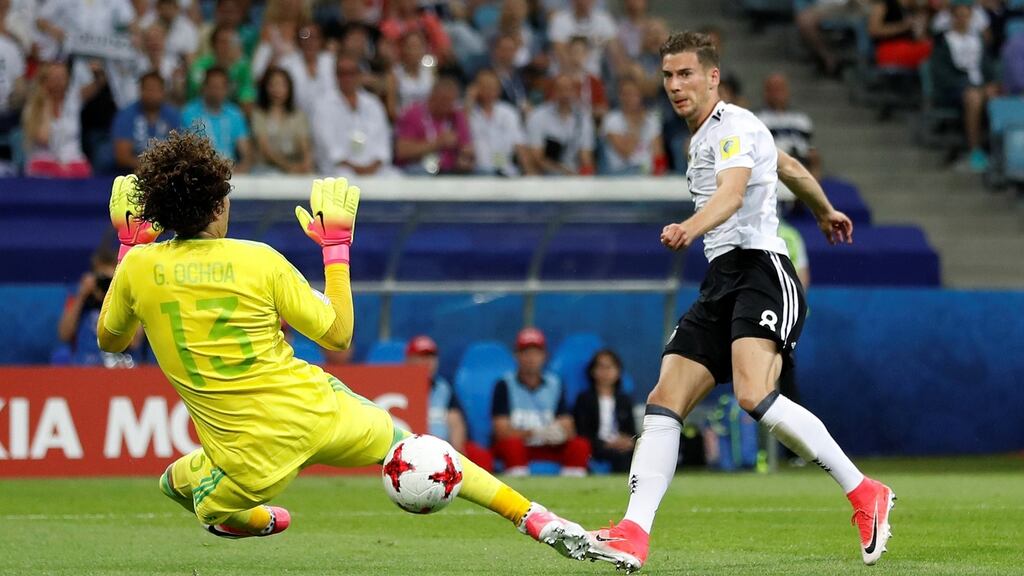 Leon Goretzka scores his second goal in Germany’s win over Mexico in the semi-finals of the Confederations Cup at the  Fisht Stadium in Sochi, Russia. Photograph: Carl Recine/Reuters