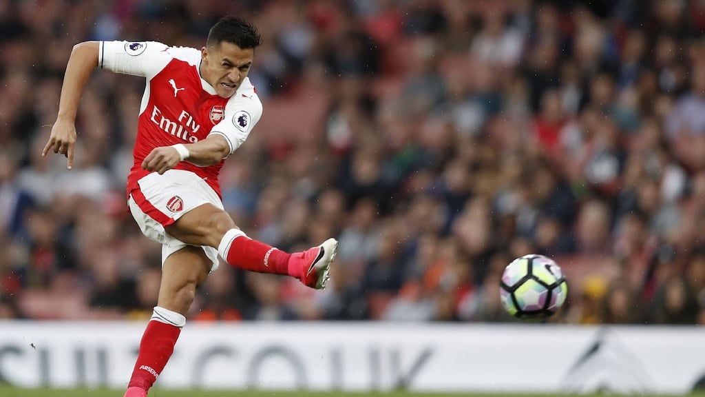 Arsenal’s Chilean striker Alexis Sanchez takes a shot at goal during a match against Sunderland this week Photograph: AFP
