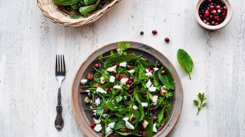 Ciarán Hussey’s bog salad is full of chickweed, pecan nuts, feta cheese, cranberries and	crowberries