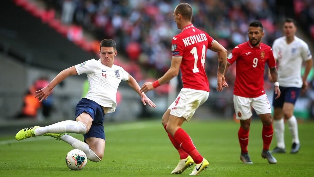 England’s Declan Rice tackles Bulgaria’s Anton Nedyalkov during the Euro 2020 qualifying Group A match at Wembley Stadium. Photo: Nick Potts/PA Wire