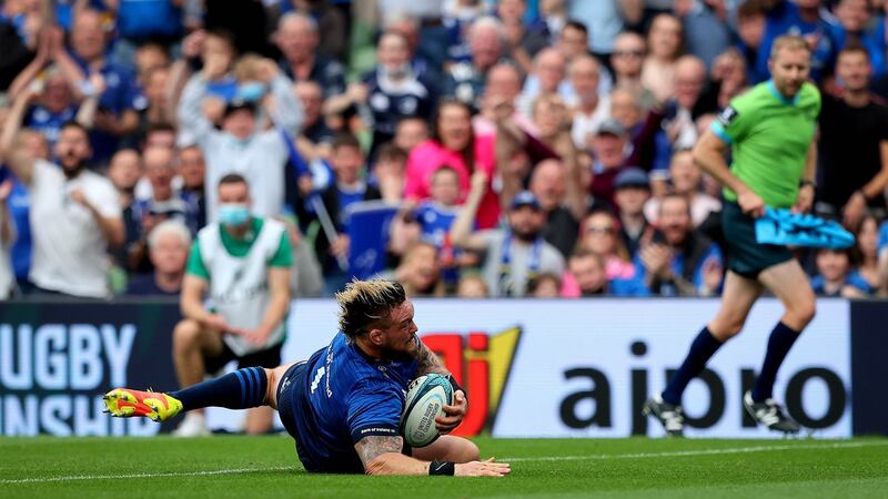 Leinster’s Andrew Porter scored his team’s second try after 13 minutes. Photograph: Ryan Byrne/Inpho