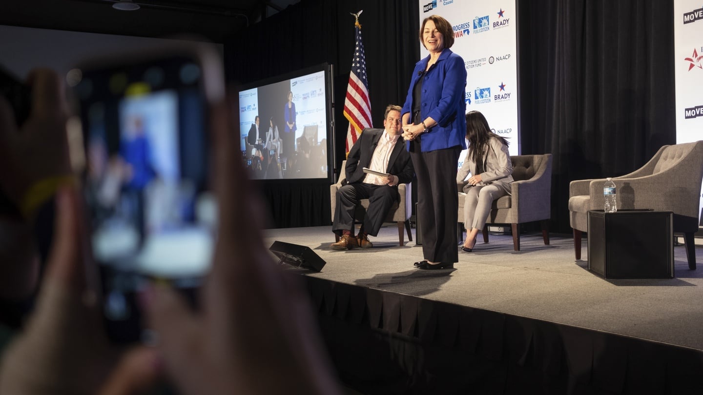 Sen. Amy Klobuchar (D-Minn.), a Democratic presidential candidate, answers questions during a presidential forum in Des Moines, Iowa, Jan. 19, 2020. (Jordan Gale/The New York Times)