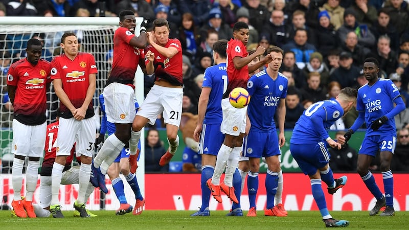 James Maddison of Leicester City sees his free kick come back off the wall against Manchester United in February. Photograph: Ben Stansall/AFP/Getty Images