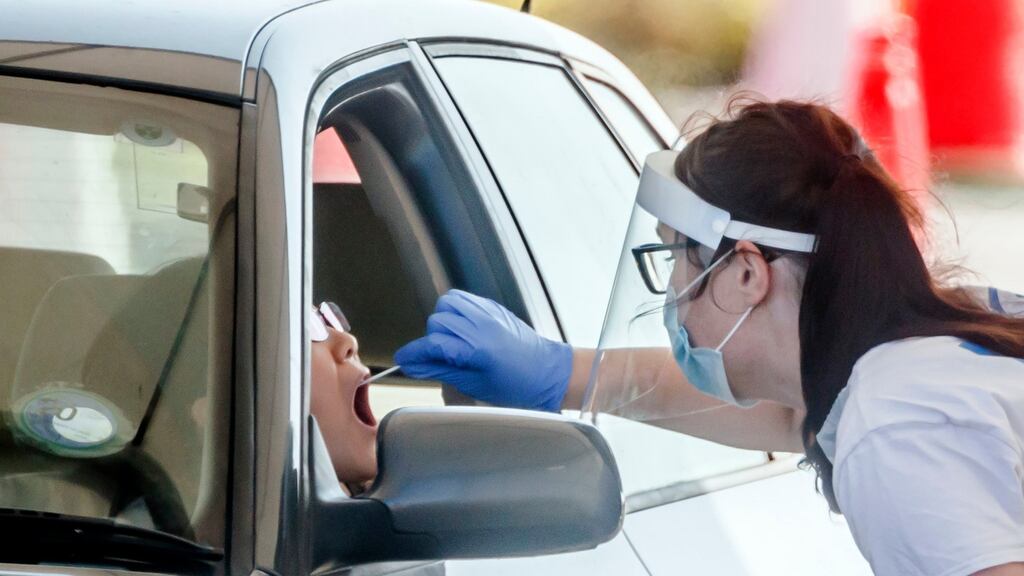 A person is tested at a coronavirus testing centre in Leeds on Monday. Photograph: Danny Lawson/PA Wire