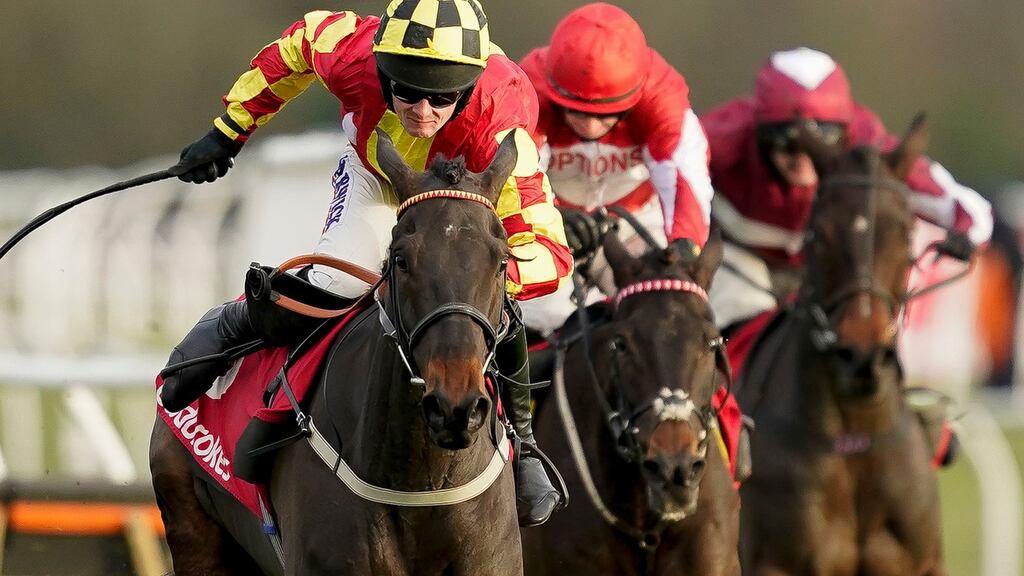 Jack Quinlan riding Onemorefortheroad  to win The Ladbrokes Committed To Safer Gambling Intermediate Hurdle at Newbury. Photograph: Alan Crowhurst/Getty Image