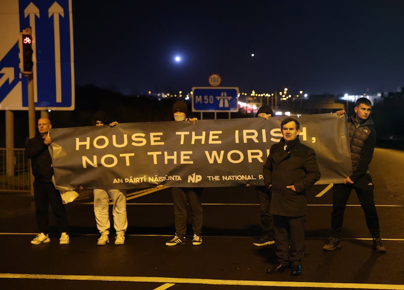 Far-right politician Justin Barrett, leader of the National Party, at a protest near the Ballymun exit of the M50. Photograph: Dara Mac Dónaill