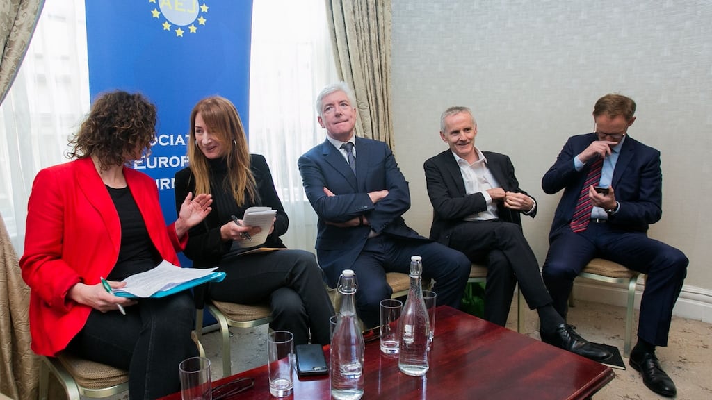 European candidates for the Dublin constituency, from left: Lynn Boylan MEP (Sinn Féin), Clare Daly TD (Independents4Change), Alex White (Labour), Ciarán Cuffe (Green Party), Barry Andrews (Fianna Fáil) during an election debate organised by the Association of European Journalists in Dublin. Photograph: Gareth Chaney/Collins