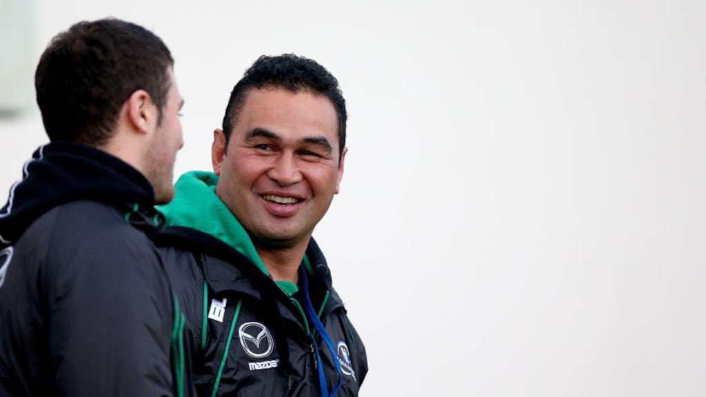 Connacht’s Robbie Henshaw and head coach Pat Lam share a joke during the week. Photograph: James Crombie/Inpho