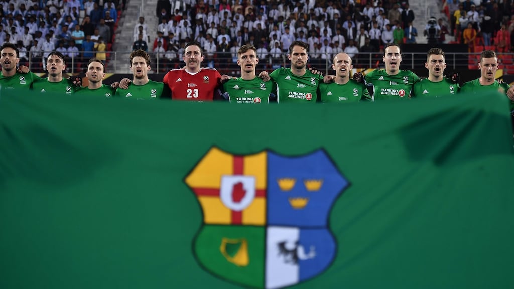 Ireland sing their national anthem prior to the opening World Cup match against Australia. Photograph: Charles McQuillan/Getty