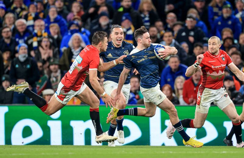 Handrè Pollard gets to grips with Hugo Keenan when playing for Leicester against Leinster. Photograph: Dan Sheridan/Inpho