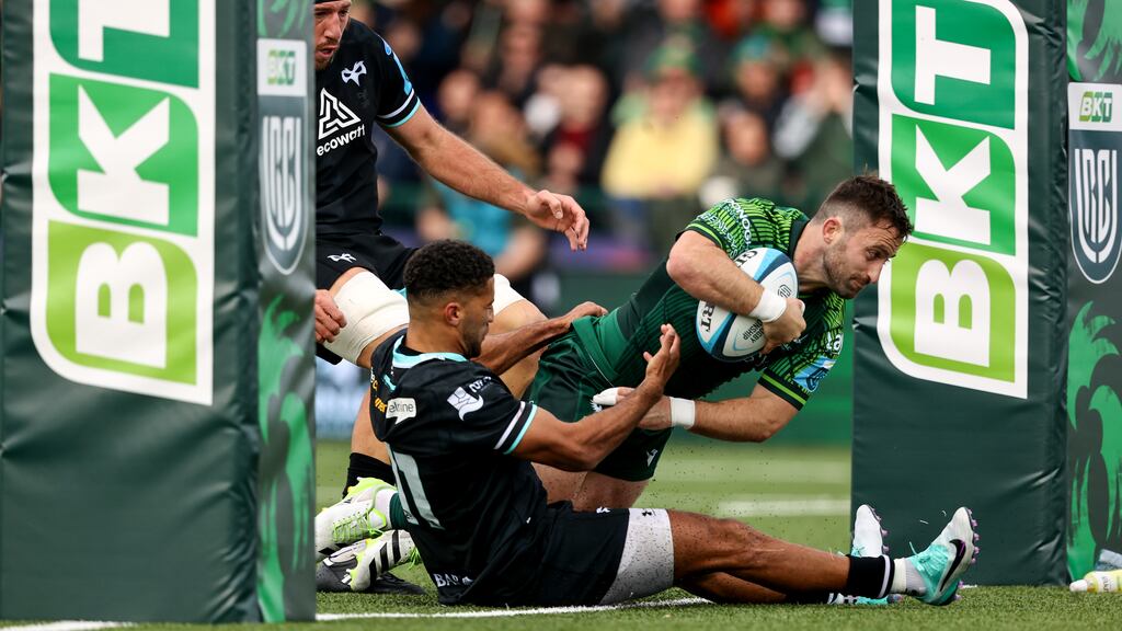 Connacht's Caolin Blade scores his second try during the BKT United Rugby Championship match against Ospreys at The Sportsground. Photgraph: Ben Brady/Inpho