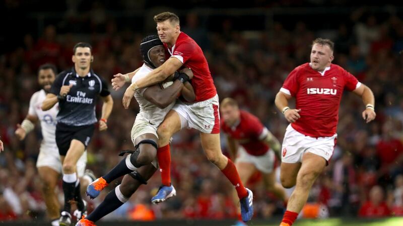 Wales outhalf Dan Biggar collides with England’s secondrow Maro Itoje while challenging for a high ball during the World Cup warm-up at the Principality Stadium in Cardiff. Photograph: David Davies/PA Wire