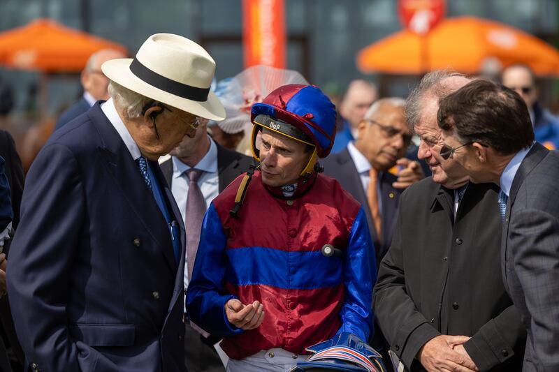 Winning jockey Ryan Moore with John Magnier, JP McManus and Aidan O’Brien at the Curragh. Photograph: Morgan Treacy/Inpho