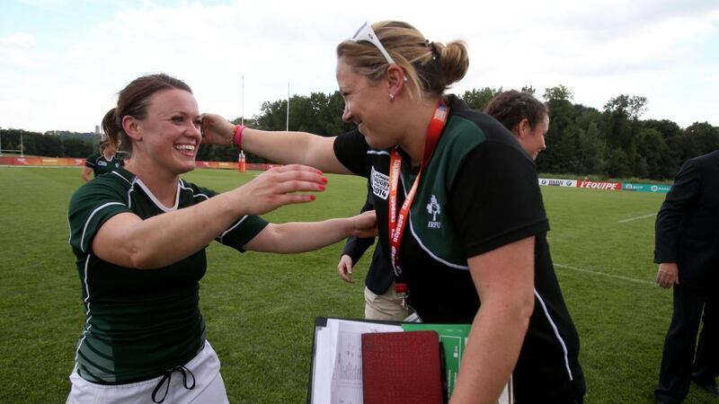 Ireland’s Lynne Cantwell celebrates with team manager Gemma Crowley following a win at the 2014 Women’s Rugby World Cup in France: Photograph: Dan Sheridan/Inpho
