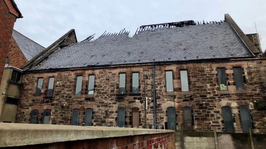 Damage to the Belfast Multi-Cultural Association buidling after a fire on Thursday evening. Photograph: David Young/PA Wire