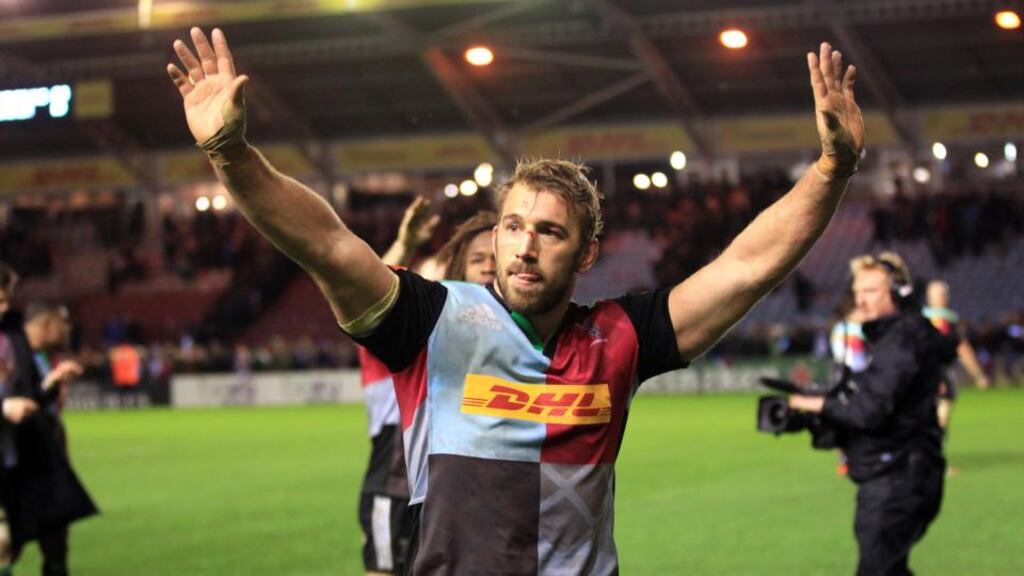 Harlequins’ Chris Robshaw celebrates victory on his 200th appearance last weekend against Leinster. Photograph: Andrew Fosker/Inpho