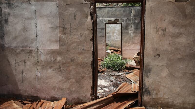 Drawings by Boko Haram fighters on the walls of a destroyed medical centre in Gwoza, Borno State, Nigeria. Photograph: Sally Hayden