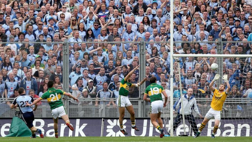 Kevin McManamon scores Dublin’s second goal against Kerry in the epic 2013 All-Ireland football semi-final at Croke Park. Photograph: Ryan Byrne/Inpho