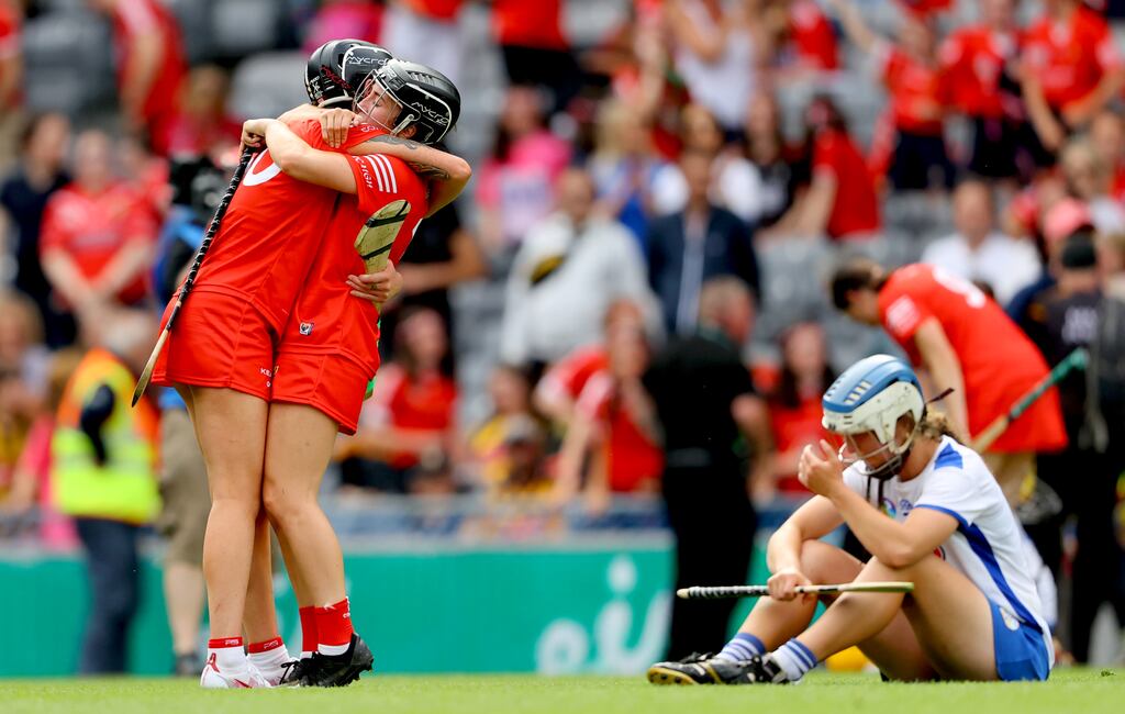 Ashling Thompson and Amy O’Connor celebrate Cork's All-Ireland semi-final victory over Waterford at Croke Park. Photograph: James Crombie/Inpho