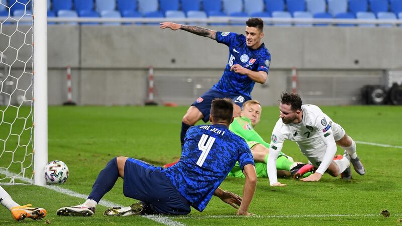 Ireland’s Alan Browne hits the Slovakian post during the Uefa Euro 2020 playoff semi-final at the Tehelné Pole Stadium in Bratislava. Photograph: Martin Baumann/PA Wire.
