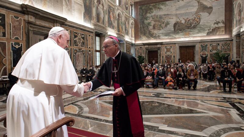 Pope Francis greets the president of the Canadian Conference of Catholic Bishops Raymond Poisson during an audience with a delegation of the Indigenous Peoples of Canada at the Vatican. Photograph: Getty Images