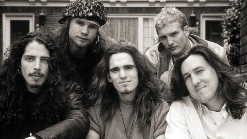 Chris Cornell in a promotional still from the movie Singles, with Jeff Ament (Pearl Jam), Matt Dillon, Layne Staley (Alice in Chains) and director Cameron Crowe. Photograph: Warner Bros
