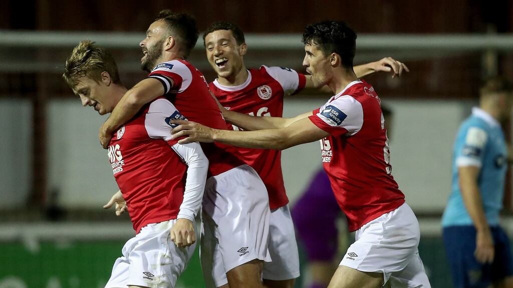 St Patrick’s Athletic’s Chris Forrester celebrates scoring his team’s first goal. Photograph: Inpho