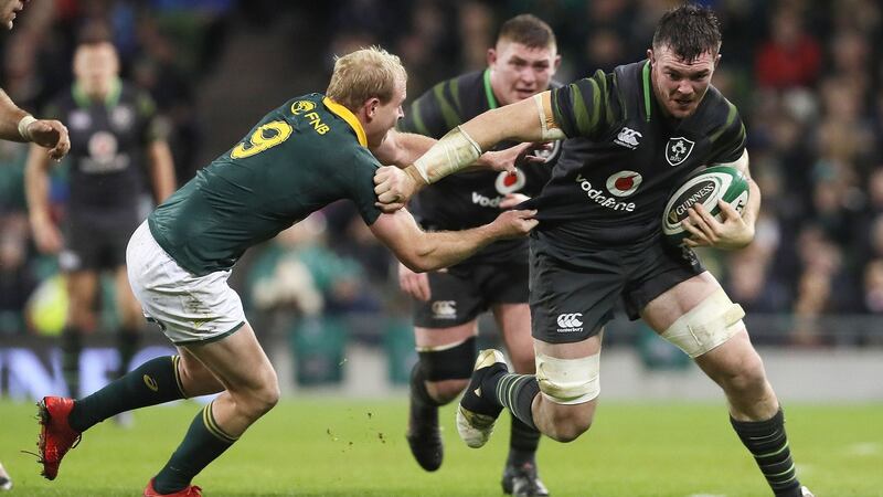 O’Mahony is tackled by Ross Cronje of South Africa during the opening November series Test. Photo: Brian Lawless/PA Wire