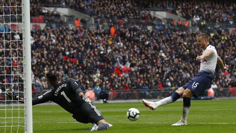 Eric Dier  scores for Tottenham Hotspur during the  Premier League  match at Cardiff City at Wembley Stadium. Photograph: Adrian Dennis/AFP