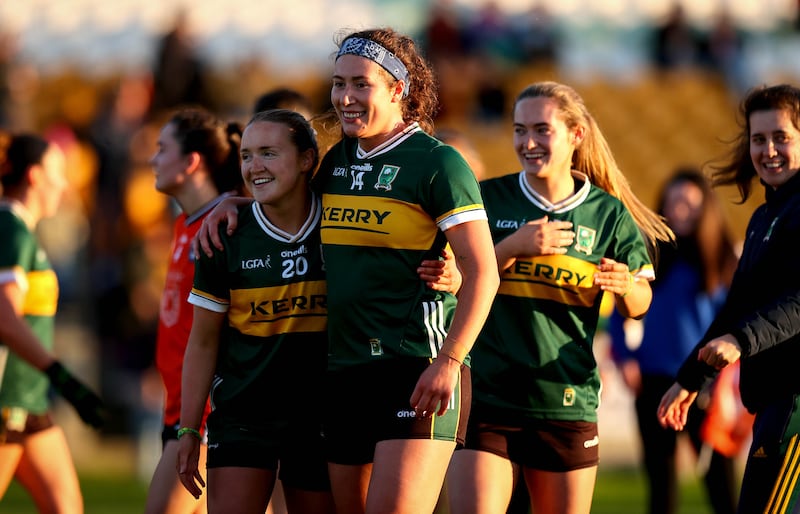 Kerry’s Emma Dineen and Katie Brosnan celebrate after the All-Ireland semi-final win over Armagh at Glenisk O'Connor Park, Tullamore. Photograph: Ryan Byrne/Inpho