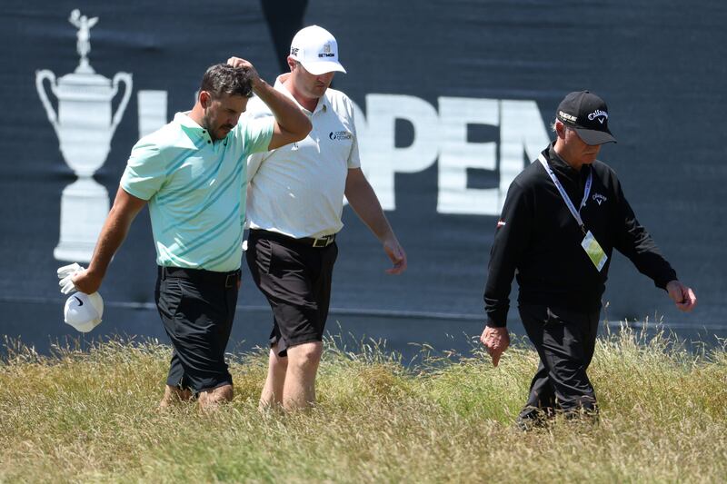 Brooks Koepka, Jason Kokrak and golf coach Pete Cowan during a practice round prior to the 122nd US Open Championship at The Country Club in Brookline, Massachusetts. Photograph: Warren Little/Getty Images