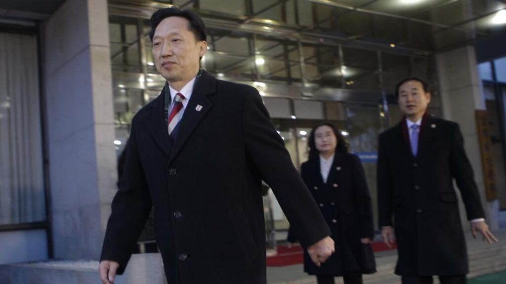 Lee Duk-haeng, the head of South Korean working-level delegation, with other delegates at the North-South dialogue office in Seoul, South Korea. The two Koreas have agreed to hold family reunions later this month. Photograph: Chung Sung-Jun/Getty Images