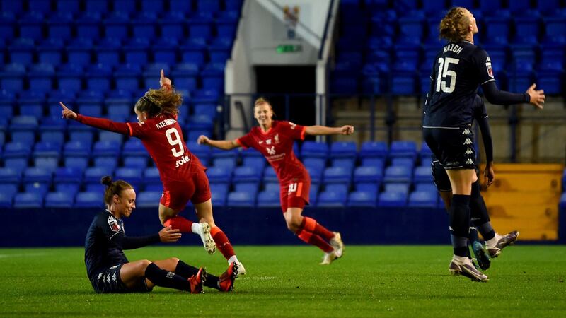 Leanne Kiernan celebrates scoring for  Liverpool Women  during the FA Women’s Continental Tyres League Cup match against  Aston Villa Women at Prenton Park in Birkenhead. Photograph: Andrew Powell/Liverpool FC via Getty Images