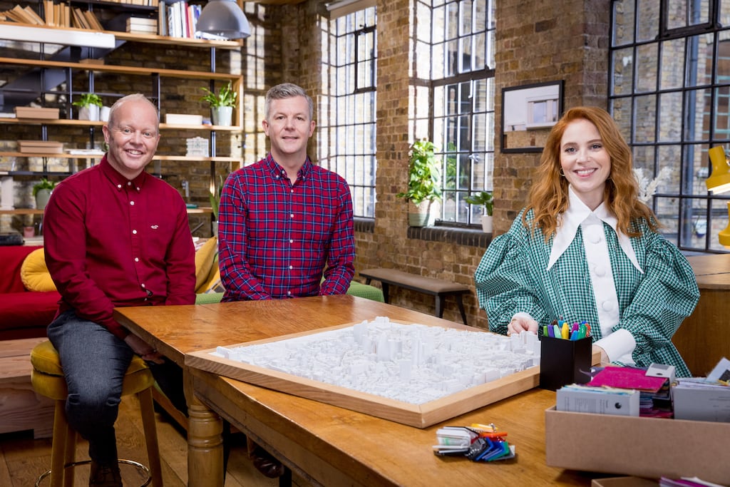 Southampton homeowners Darren and Lee with Angela Scanlon for an episode of Your Home Made Perfect. Photograph: BBC