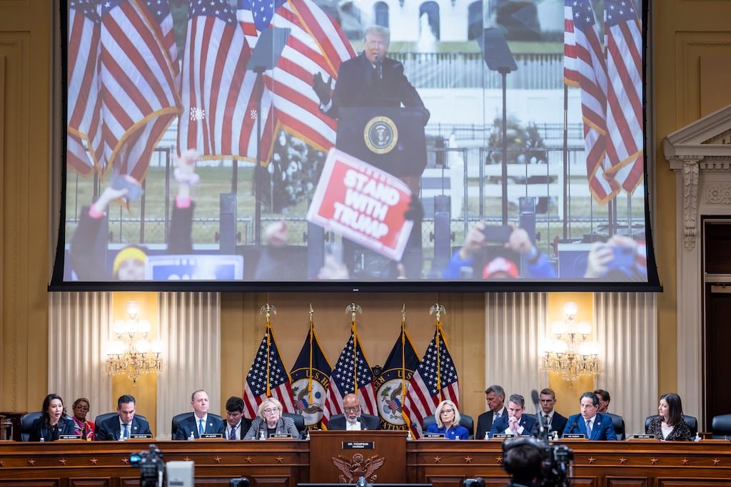 A panel of seven Democrats and five Republicans served up a helpful montage of video clips that functioned as a reminder of both Trump’s malfeasance and its own excellent work over the past 18 months. Photograph: Jim Lo Scalzo-Pool/Getty Images