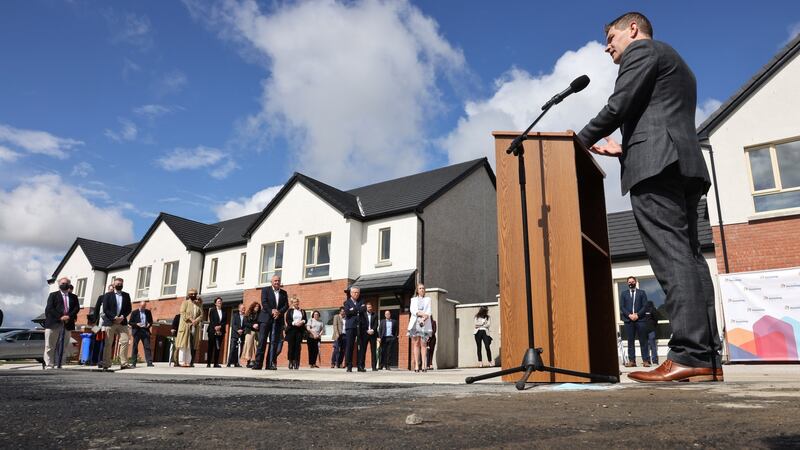Minister of State for Local Government and Planning, Peter Burke speaking at the launch of Co-operative Housing Ireland’s (CHI) new estste Loughlion Green, an estate of 80 homes delivered by CHI on the outskirts of Kildare town, Co Kildare.Photograph: Dara Mac Dónaill