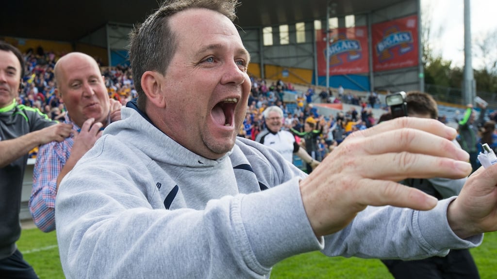 Clare manager Davy Fitzgerald celebrates at the final whistle after victory over Waterford. Photograph: Cathal Noonan/Inpho