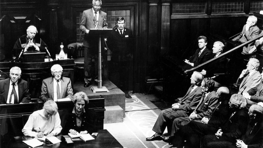 Nelson Mandela addresses the Dáil where then ceann comhairle Seán Treacy (top left) and taoiseach Charles Haughey were present. File Photograph: Frank Miller/The Irish Times