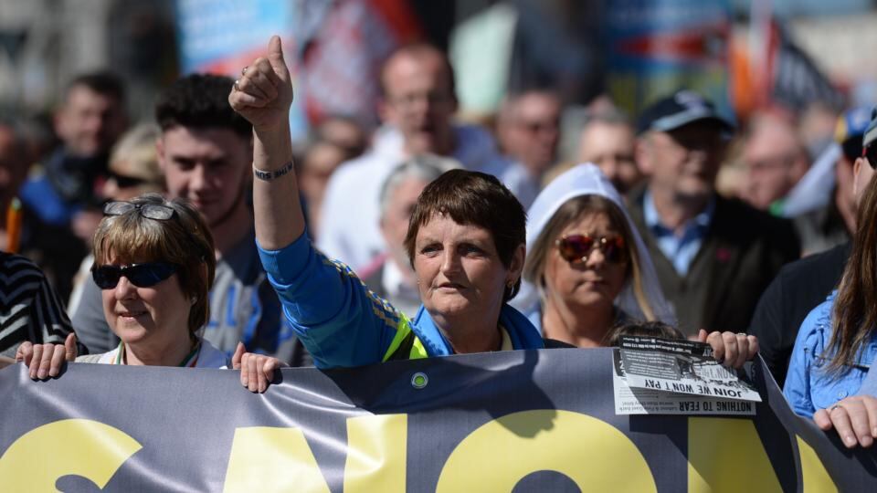 Protesters attend an anti-water charges march in Dublin this afternoon. Photograph: Dara Mac Donaill/The Irish Times