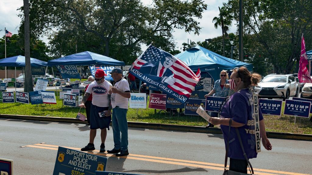 Donald Trump supporters gather outside an early voting polling place in Westchester, Florida,  on October 24th. Photograph: Saul Martinez/The New York Times