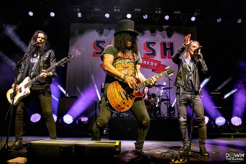 Todd Kearns (left), Slash and Myles Kennedy perform. Photograph: Steve Dempsey/Down The Barrel Photography/MCD