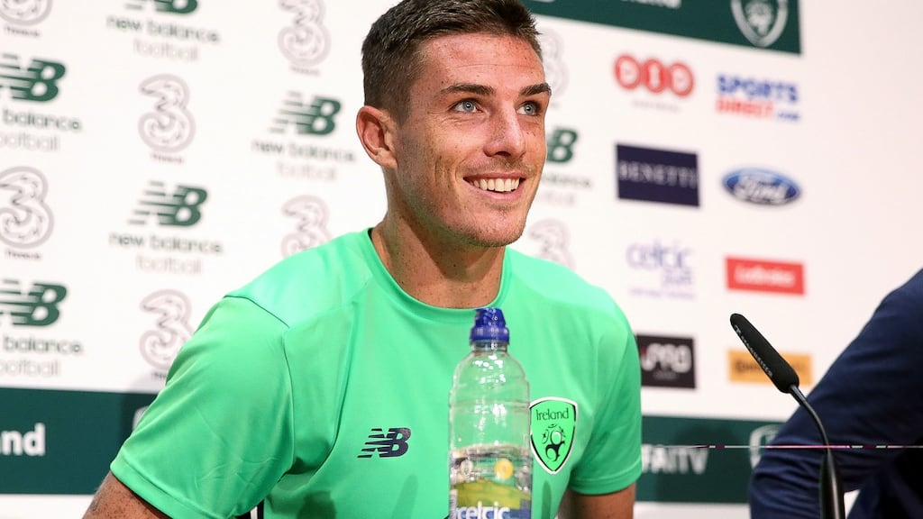 Ciaran Clark at the Republic of Ireland press conference in the FAI National Training Centre in Dublin on Tuesday. Photograph: Gary Carr/Inpho