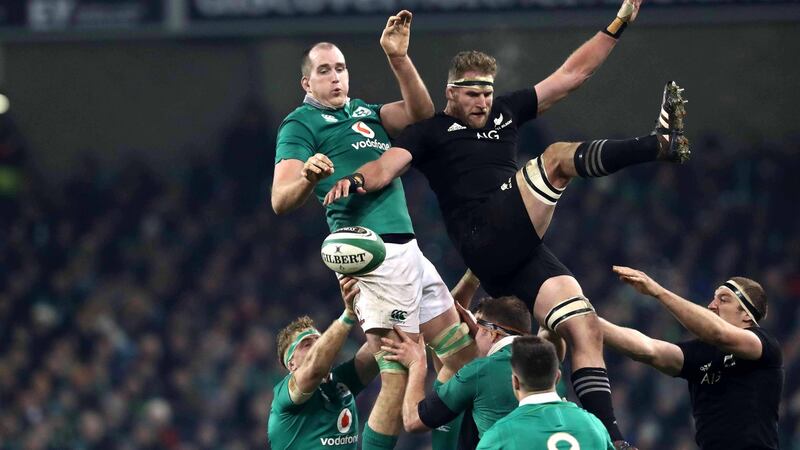Ireland’s Devin Toner competing for a lineout ball with New Zealand’s Kieran Read at the Aviva Stadium two years ago. Photograph: Billy Stickland/Inpho
