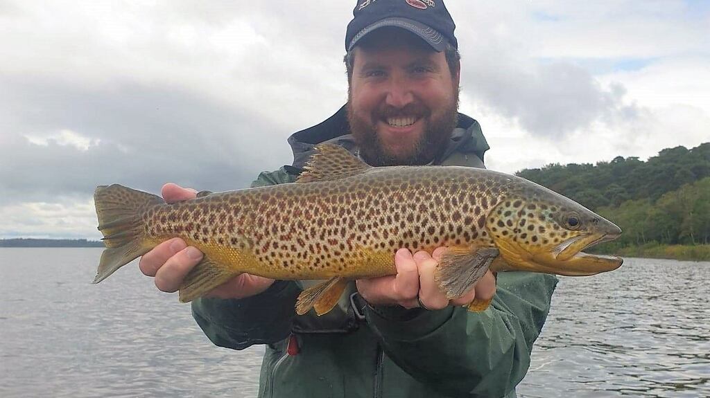 Honeymooner, Eric Klingmann from the US with a fine Corrib trout. Photograph, Tom ‘Doc’ Sullivan.