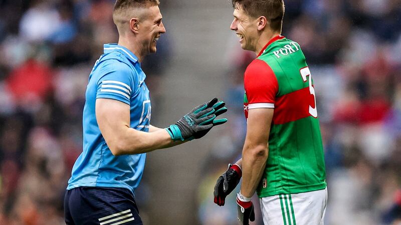 Dublin’s John Small with Lee Keegan of Mayo during the All-Ireland SFC semi-final in Croke Park. Photo: Tommy Dickson/Inpho