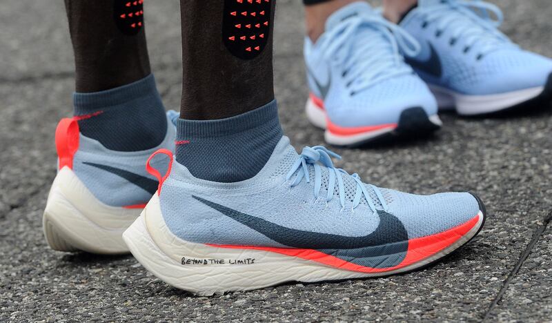 A detail of Eliud Kipchoge' shoes during the Nike Breaking2: Sub-Two Marathon Attempt at Autodromo di Monza. Photograph: Getty Images
