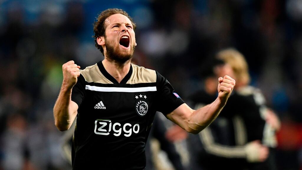 Ajax’s Dutch defender Daley Blind celebrates after the unexpected victory. Photograph: Getty