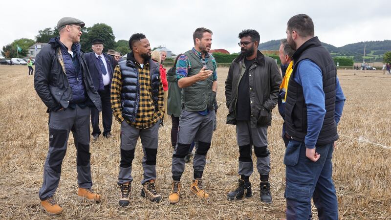 From left: Freddie Flintoff, Patrice Evra, Jamie Redknapp and Romesh Ranganathan at the ploughing championships. Photograph: Dara Mac Dónaill